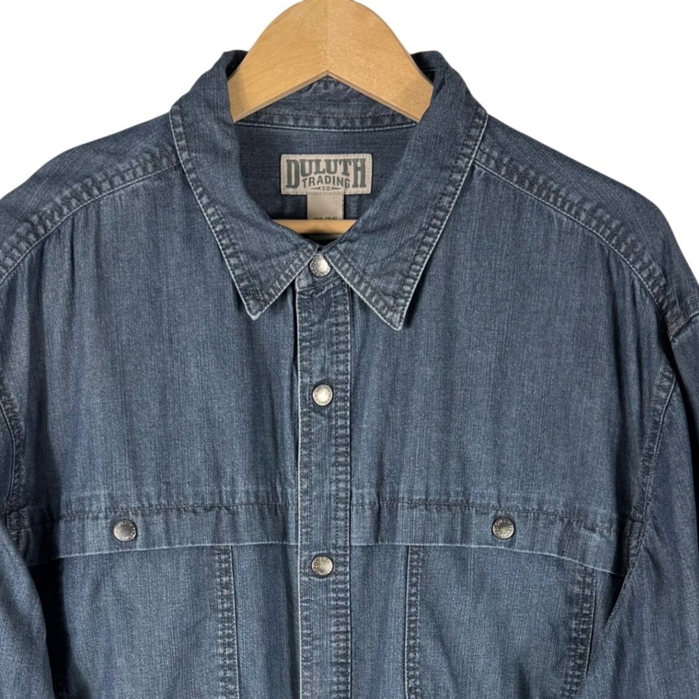 Duluth Trading Co Denim Jacket Mens 2XLT Tall Snap Front Utility Blue Workwear